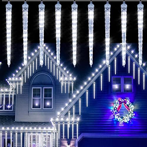 Rosnek Icicle Lights กันน้ำกลางแจ้งพร้อมเอฟเฟกต์อาบน้ำดาวตก, ไฟคริสต์มาส 96leds แขวนคริสตัล Icicle Christmas Decoration 3-SET เชื่อมต่อ 7V สำหรับก??