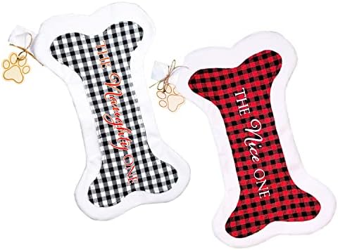 Cappy & Luna Creations ชุดของ 2 Dog Christmas stocking - Naughty & Nice Bone Stocking สำหรับคริสต์มาส - ถุงน่องสุนัขที่มีแท็กพิมพ์ชื่ออุ้งเท้า