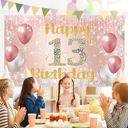 13 ตกแต่งวันเกิดฉากหลังแบนเนอร์,สีชมพูกุหลาบทองสุข13ตกแต่งวันเกิดสำหรับสาวๆฉากหลังภาพ,วัยรุ่นอย่างเป็นทางการ13ปีปาร์ตี้วันเกิดเข้าสู่ระบบโปสเตอร์ผ้า6.1ฟุต