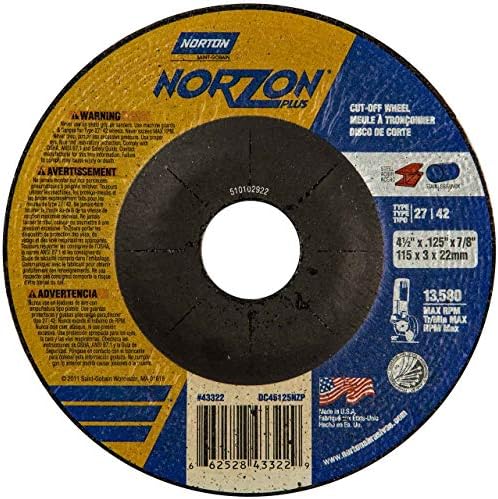 Norton 66252843322 4-1/2x.125x7/8 in Norzon plus sgz ca ล้อมุมขวาตัด, พิมพ์ 27/42, 24 กรวด, 25 แพ็ค