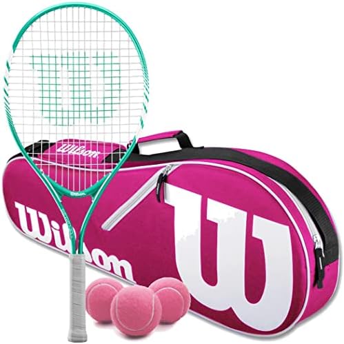 วิลสันเซเรน่าจูเนียร์เทนนิสแร็กเก็ตมาพร้อมกับถุงเทนนิสที่ได้เปรียบและลูกเทนนิสสีชมพู - ชุดเริ่มต้นที่สมบูรณ์แบบสำหรับเด็กอายุ